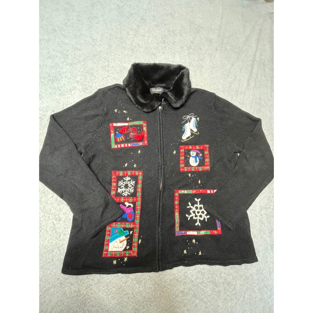 Designer Originals Studio Joy Winter Snowman Faux Fur Collar Zip Sweater L VTG